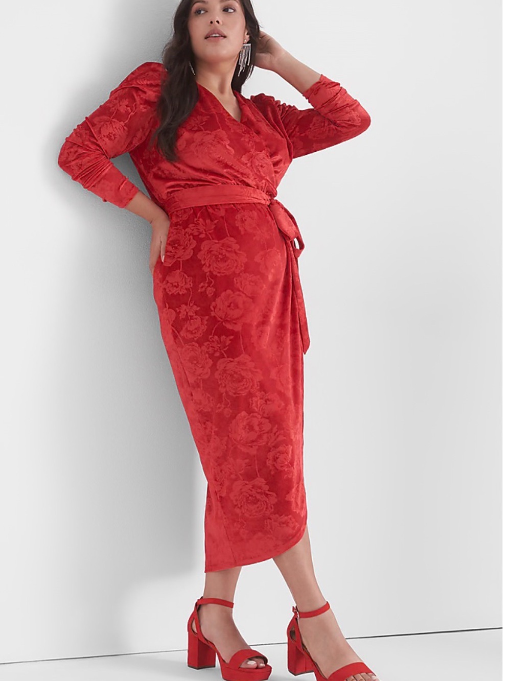 Puff-Sleeve Embossed Velvet Midi Dress Red / Pink Size 18/20